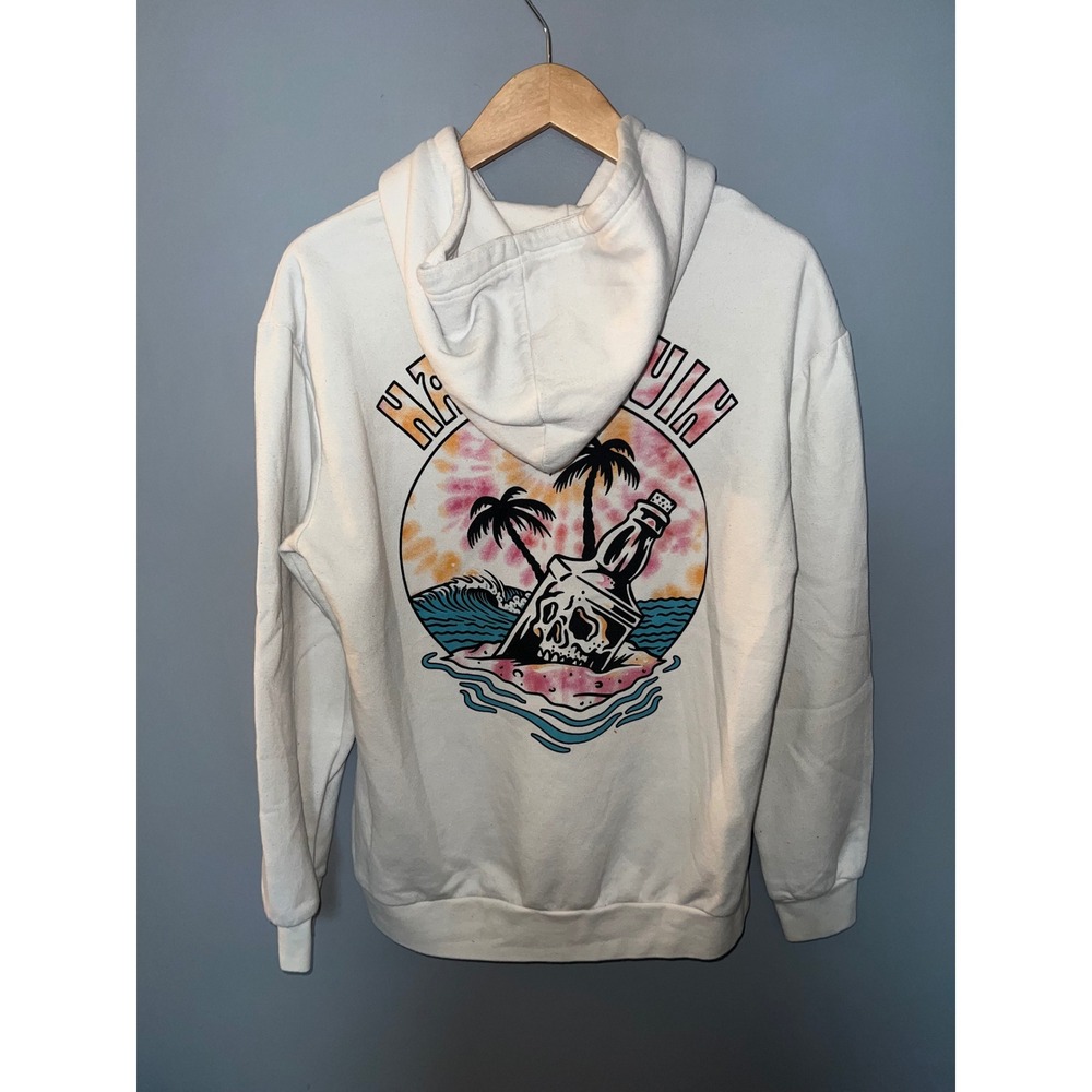 Retrofit Mens Happy Livin Graphic Hoodie White Skull Tropical Palm Tree Small